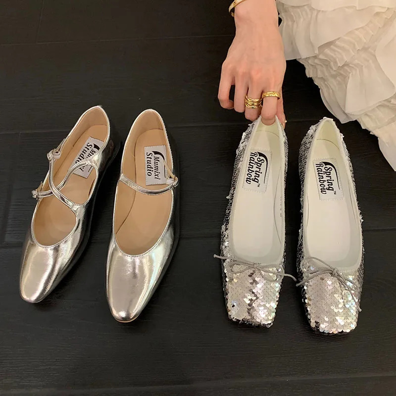 SliveSpring Women Flat Fashion Gold Round Toe Sahllow Ladies Elegant Mary Jane Shoes Soft Dress Ballerinas 241014