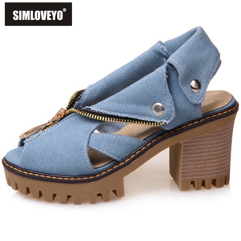 Women's High Heel Denim Sandals with Peep Toe and Zipper Closure Non Slip Sole Comfortable Large Size Summer Shoes QL1139