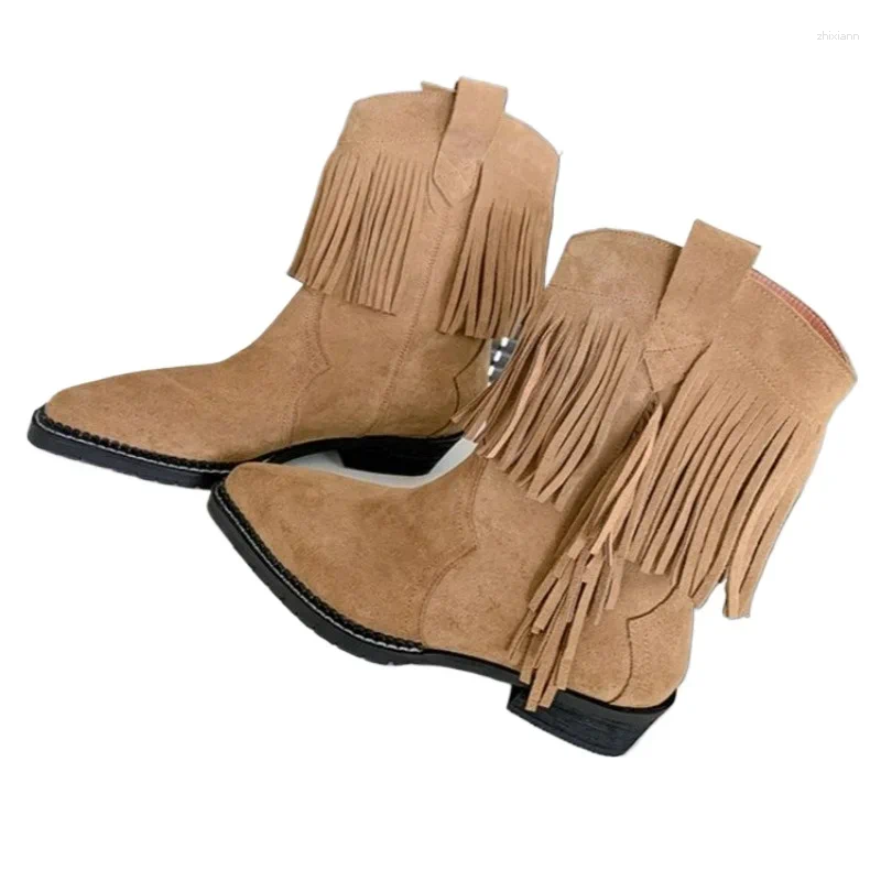 Boots 2024 Winter High Quality Women's Fashion Pointed Toe Low Heel Solid Color Sleeve Square Short