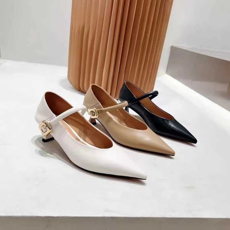 High Heels Women 2024 New Genuine Leather Spring Shoes Women Fashion Womens Dress Shoe Metal buckle shoesLX241014