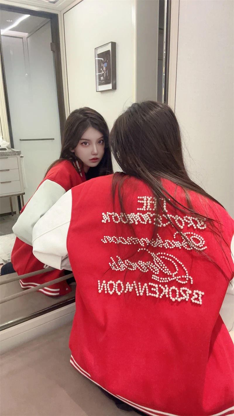 Broken Pearl Rhinestone Patchwork Leather Sleeve Baseball Jacket High Street Casual Loose Hiphop Rock Fashion 241011