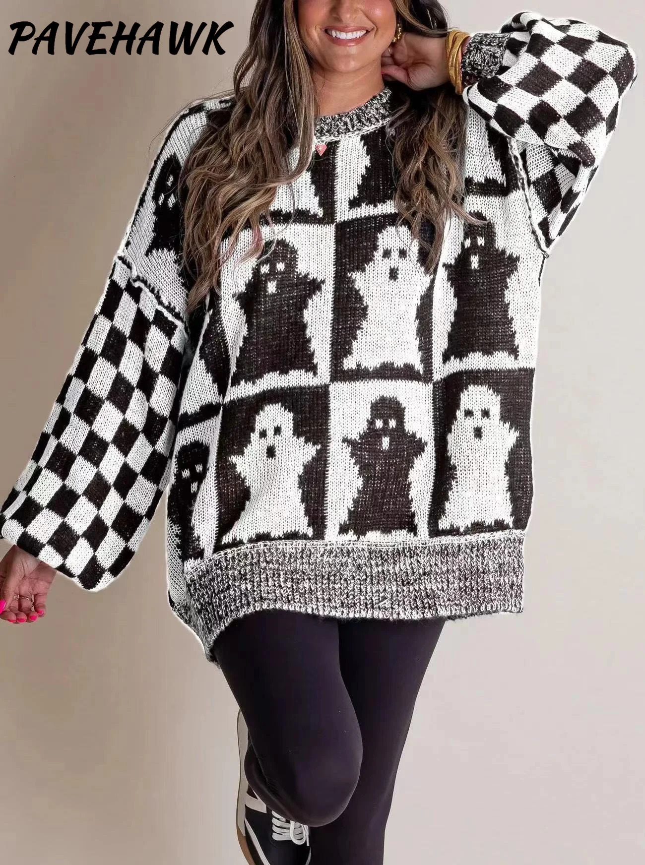 Womens Halloween pattern printed sweater autumn and winter Harajuku O-neck loose floral street clothing casual party womens knitted top 241007