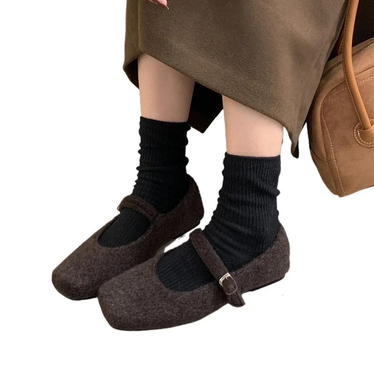 Fashion Square Toe Fleece Flet Ballet Flats New Woman Winter Warm Wool Mary Jane Shoes Ladies Elegant Plush Loafers 241014