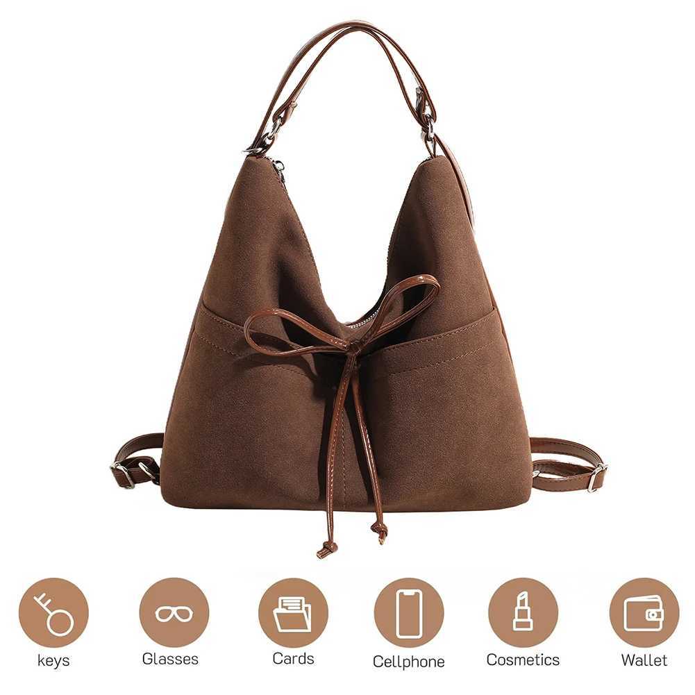 Women Suede Handbag with Inner Pocket Shoulder Bag Bow Crescent Zipper Closure Clutch Purse for Shopping Work Travel 241014