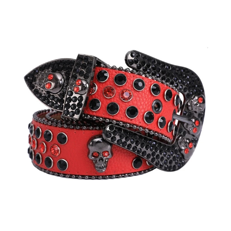 Home Skull Buckle Strap Womens Pu Leather Strap Rhinestone Buckle Strap Western Cowboy Y2k Girls Jeans Zipper Fashion Strap 240927