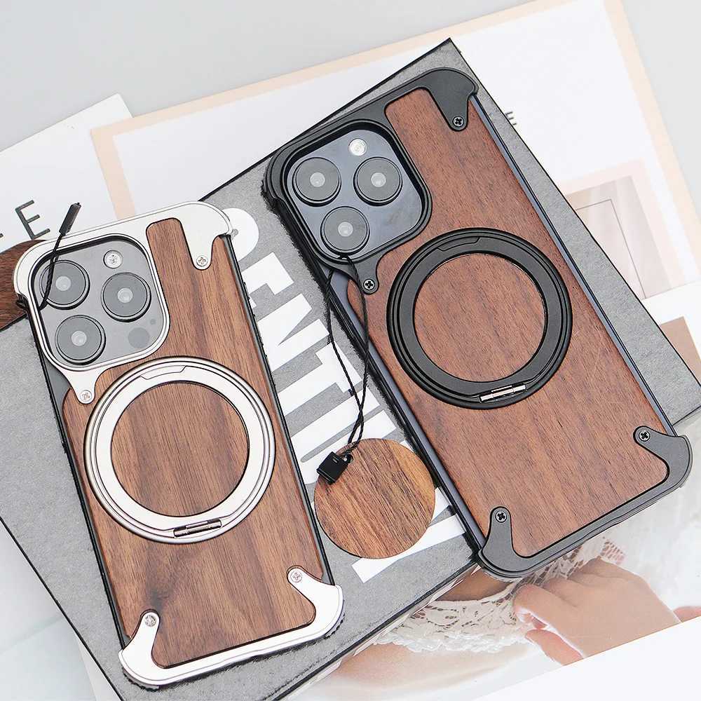 New Arrival Walnut metal case for iPhone 16 15 14 13 Pro 360 rotating ring holder magnetic phone holder protective cover Z241012