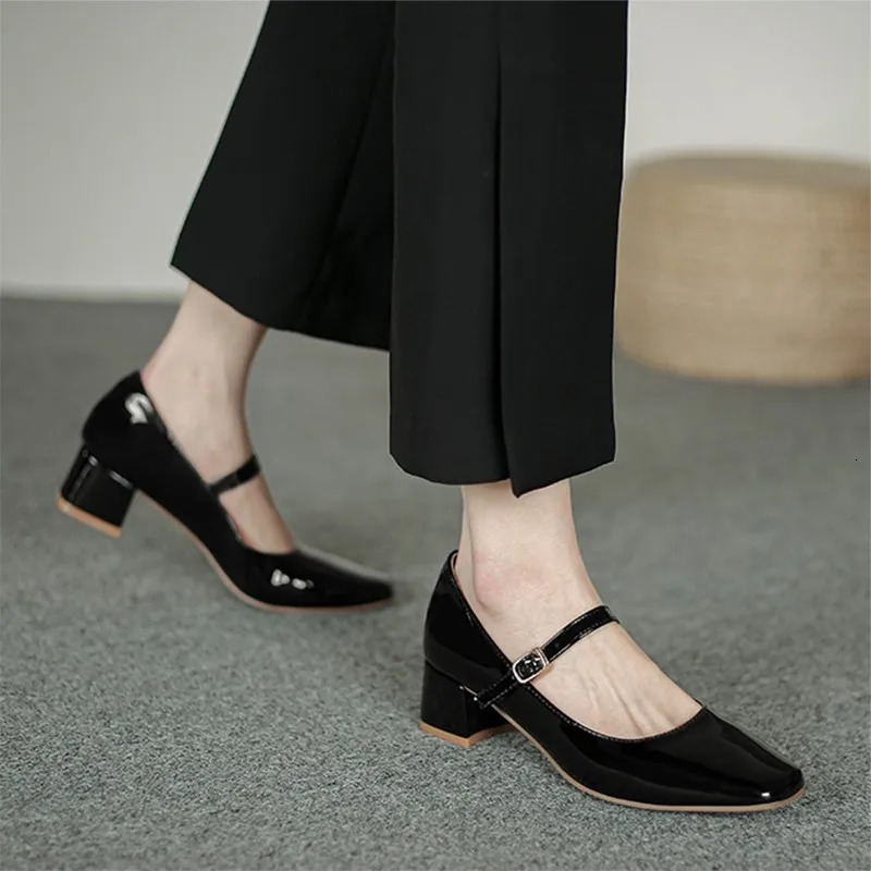 Red Black Mary Janes High Quality Leather Low Heel Dress Square Toe New Shallow Buckle Strap Womens Shoes 241014