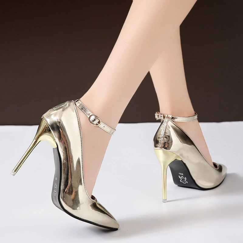 Plus Size 44 Women Thin High Heel Dress Shoes Woman Wedding Gold Silver Shoes Pointed Toe Ankle Buckle Sexy Pumps Work Shoe 11cmLX241014