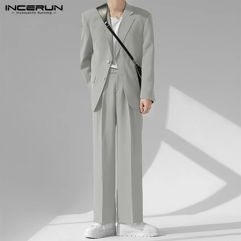 INCERUN Men Sets Solid Color Streetwear Laple Long Sleeve Button Blazer Pants 2PCS 2024 Korean Fashion Casual Suits S5XL 241008