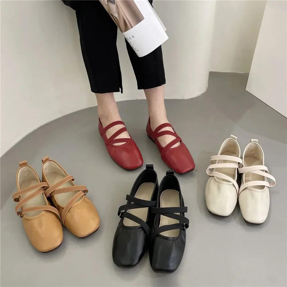 Ballet Flat Women Comfy Leather Woman Square Toe Thin Strap Mary Janes Ladies Retro New Casual Shoes 241014