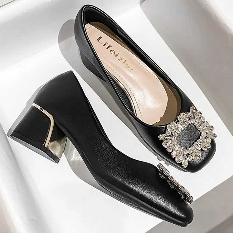 2024 New Women 5cm High Heels Elegant Party Pumps Female Bling Crystal Square Buckle Square Toe High Heels Lady Barefoot ShoesLX241014