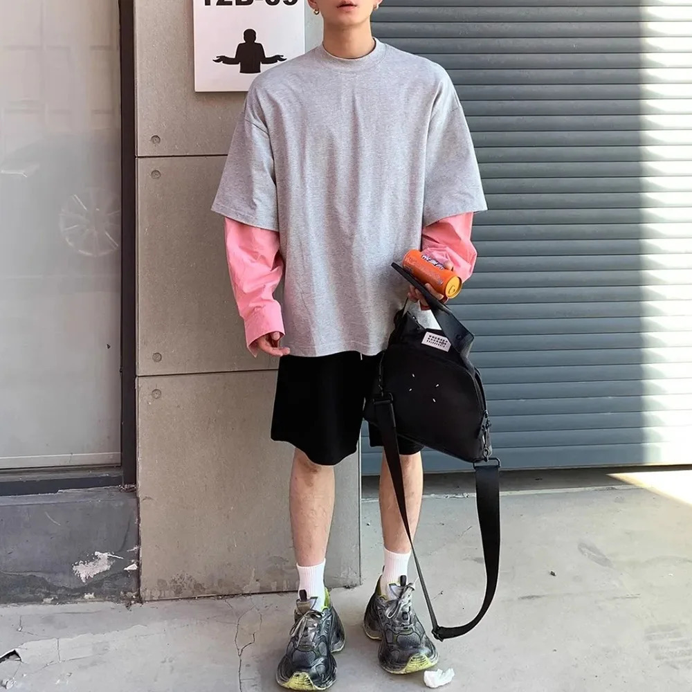 Mens T-Shirt Long Sleeve Y2K Korean Style Two-Piece Contrast Stitching Top Autumn Oversize Casual Pullover MenS Clothing 241011