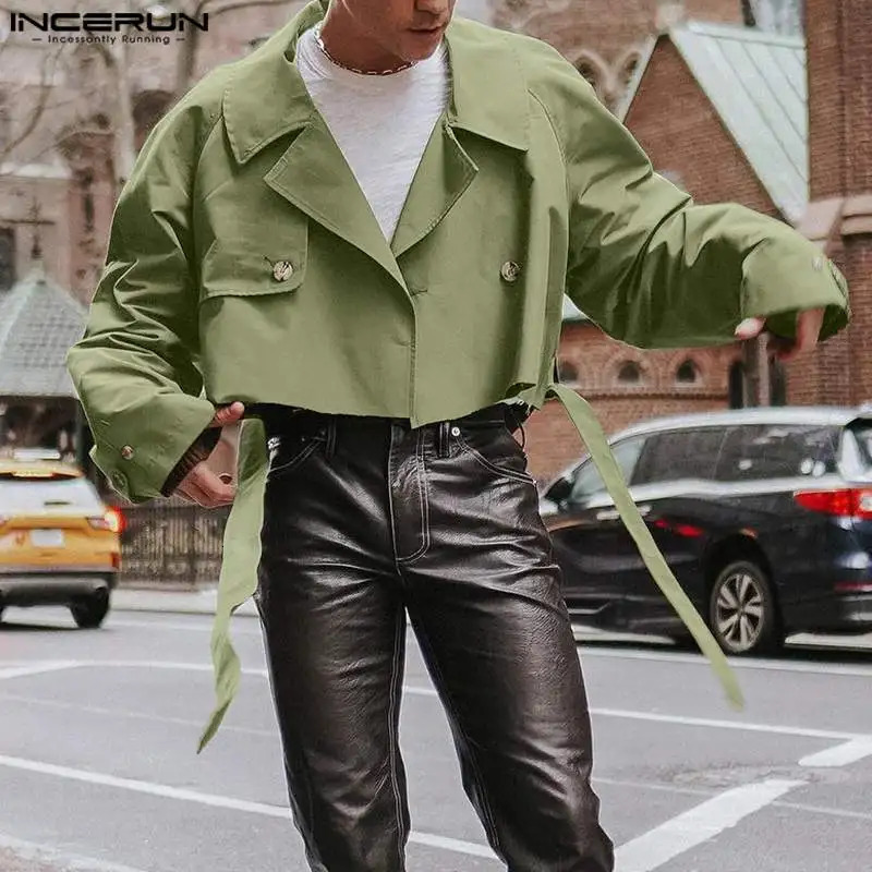 INCERUN Men Jackets Lapel Long Sleeve Solid Color Male Crop Coats Streetwear Loose Fashion Casual Jackets With Belt S-5XL 241011