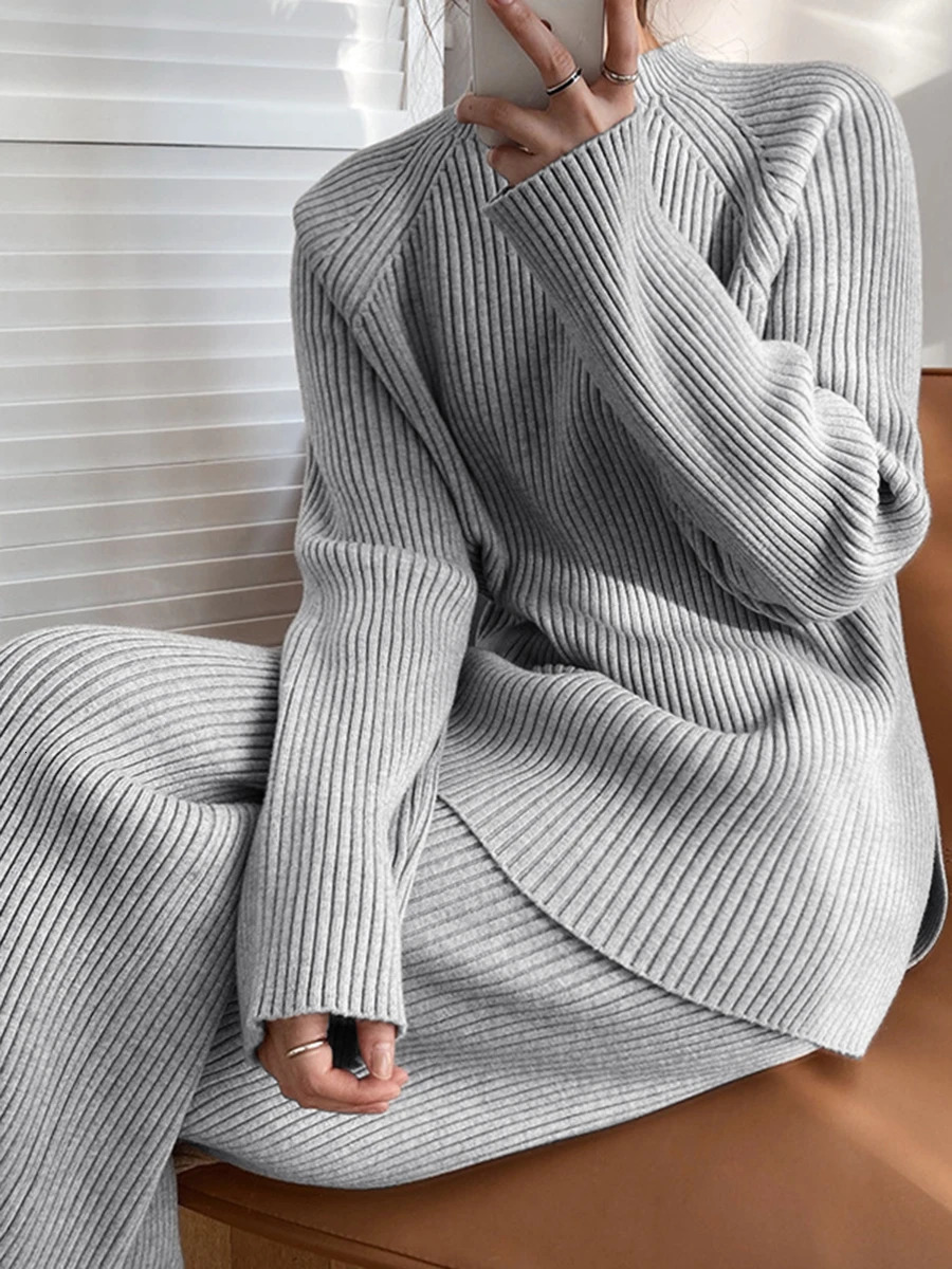 LW Plus size ribbed knitted side split pants set wide leg pants set drag sweater set long pants set 240930