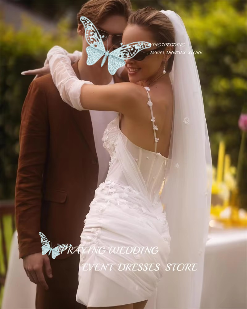 Sexy Spaghetti Straps Mini Short Wedding Party Dresses Boho Wers Sweetheart Summer Bride Gowns With Veil 6660312