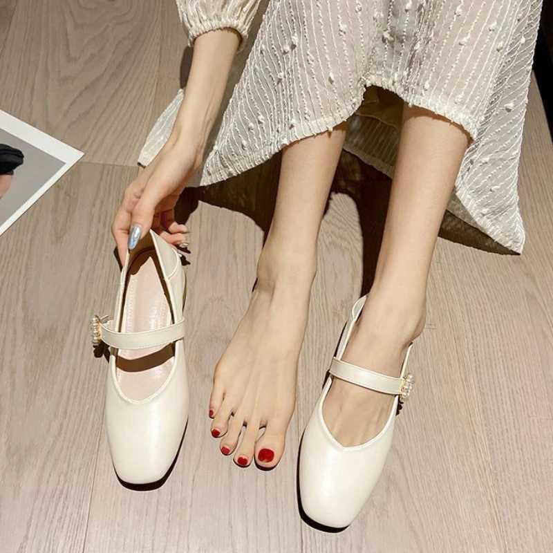 Ladies Summer Footwear Pearl Moccasins Shoes for Women 2024 Low Heel Elegant Japanese Style Lolita Mary Jane Square Toe White 39LX241014