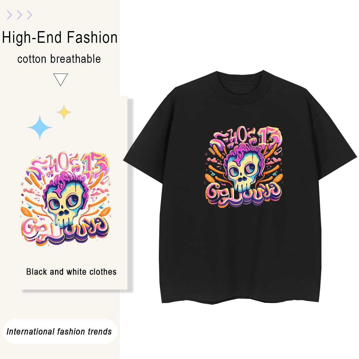 Casual New T Shirts Women 230g Cotton O Neck Short Sleeves Casual Daily Wear skull Lady T shirt Popular DIY Anime Printed Top Shirts