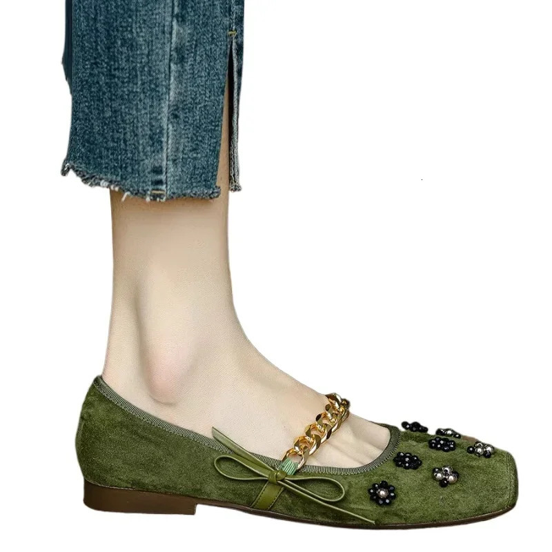 for Women Slip-on New Butterfly-knot Womens Autumn Sweet Mary Jane Flats Square Toe Chain Decoration Ladies Shoes 241014