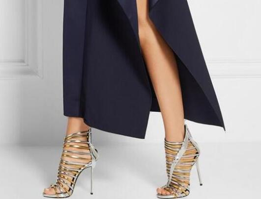 Sexy Cut Out Ladies Fashion High Heels Metallic Gold/Silver Leather Straps Women Open Toe Sandals Zipper Back Gladiator Sandals