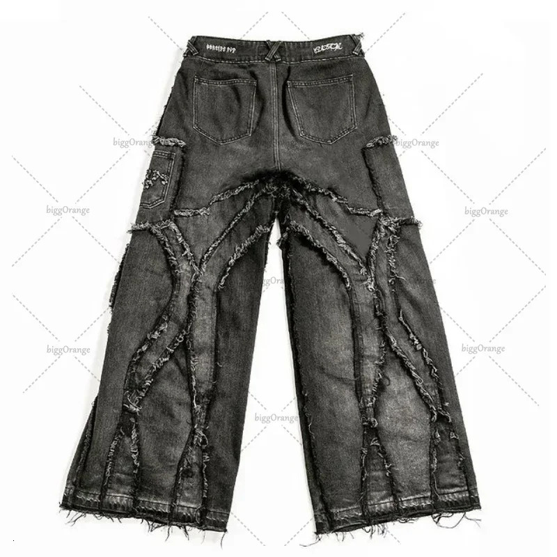 Frayed Edges distressed Washed Gothic Jeans 2024 Fashion Casual Punk Rock Loose Wide Leg Pants Mens Streetwear 241011