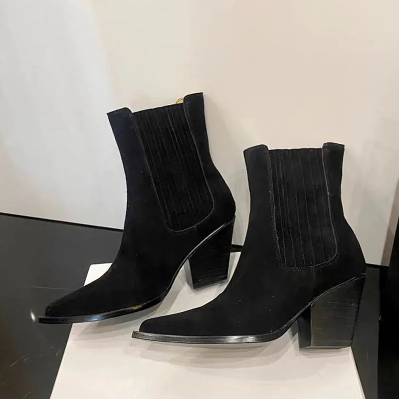 Arden Furtado 2024 Autumn Suede Tapered heel Short boots Pointed toe Patchwork Slip-on High heel Simple style Modern boots 241010