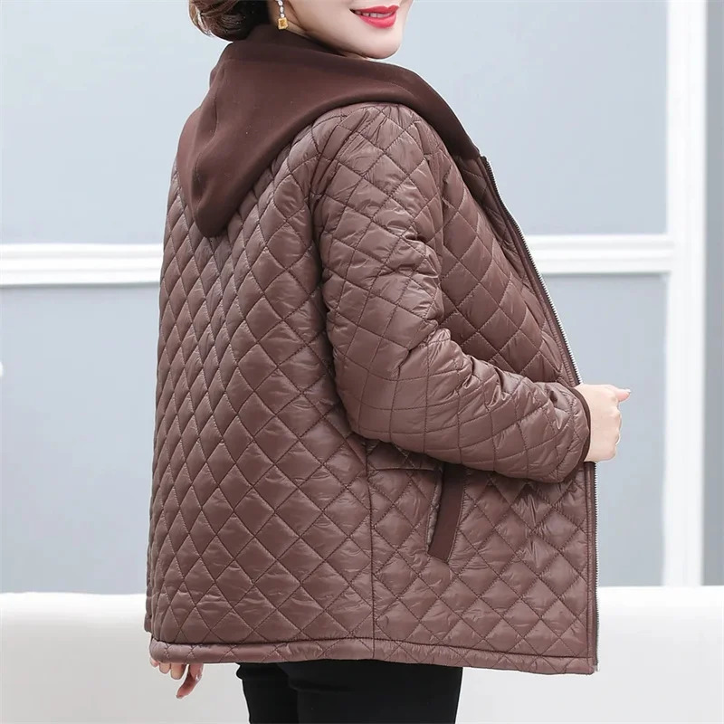 Autumn Winter Middle-age Women Quilted Cotton-padded Coats Female Zipper-up Hooded Jacket Thicken Warm Parkas Tops Overcoat 241010