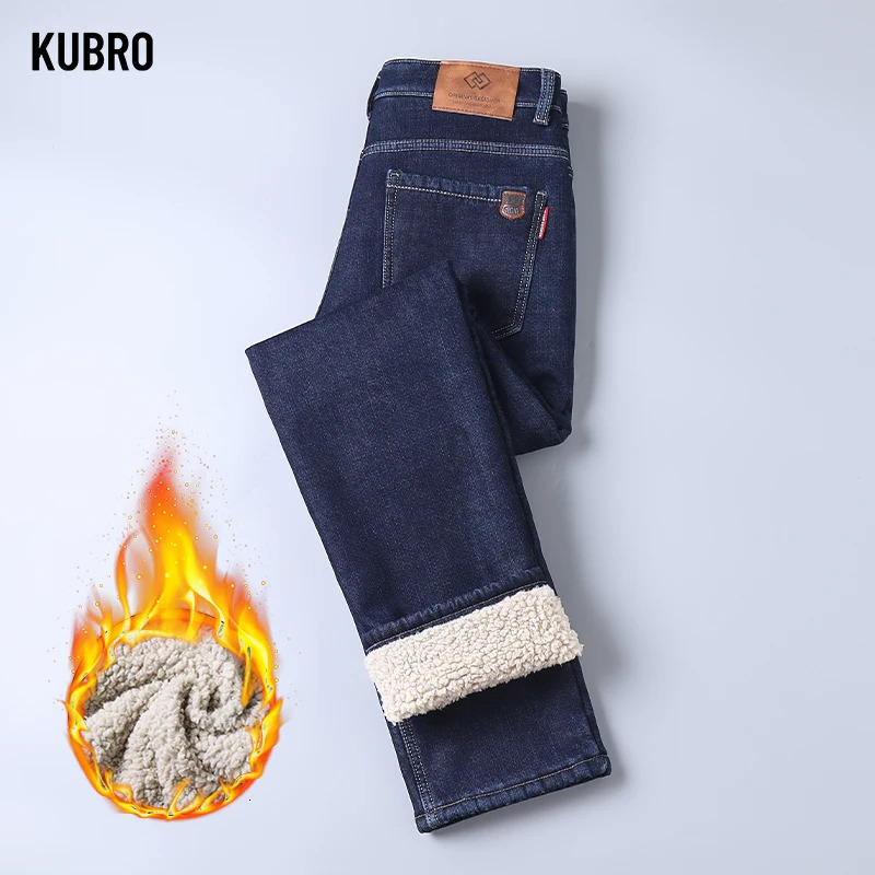KUBRO Autumn Winter Warm Fleece Jeans Men Straight Stretch Thick Casual Thermal Denim Pants Male Business Office Trousers 241011