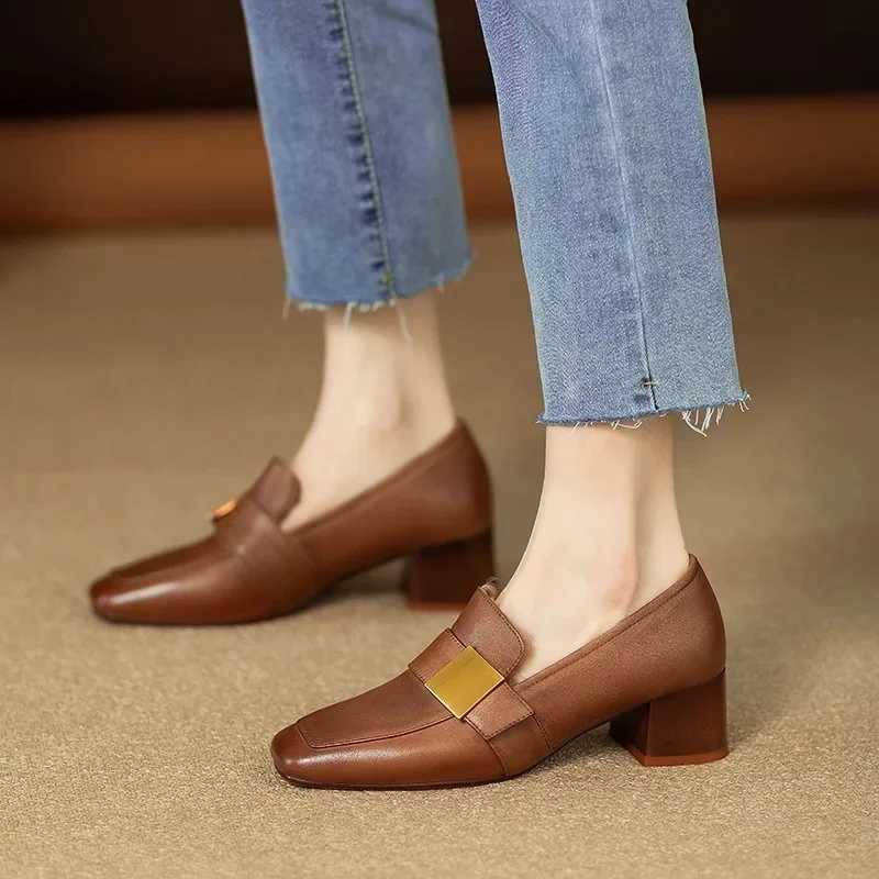 New Leather Women Fashion Pumps Square Toe Thick Heel Mary Jean Shoes Slip on Elegant Temperament Daily Shoes HandmadeLX241014