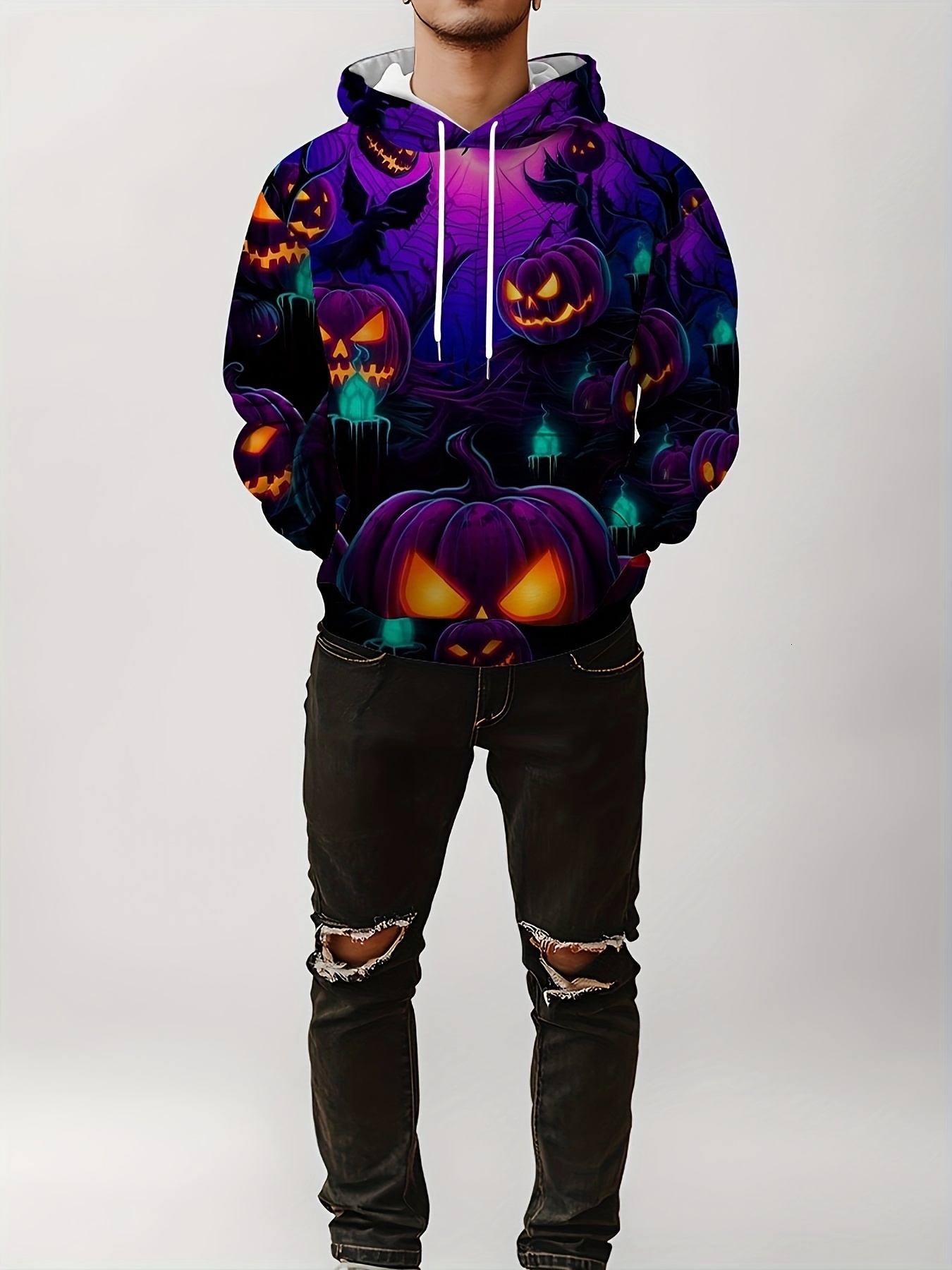 Halloween Glowing Pumpkin 3D Hoodie - Casual Long Sleeve Pullover with Hood, Geometric Pattern, Polyester Knit Fabric, Regular Fit, No Belt, No Detail