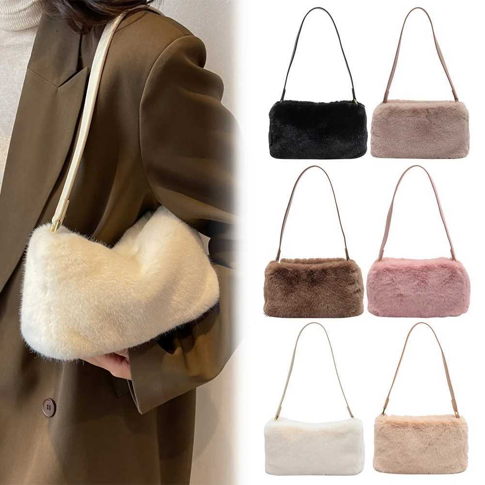 Ladies Plush Shoulder Bag Fluffy Underarm Solid Color Small Square Handbag for Work Travel 241014