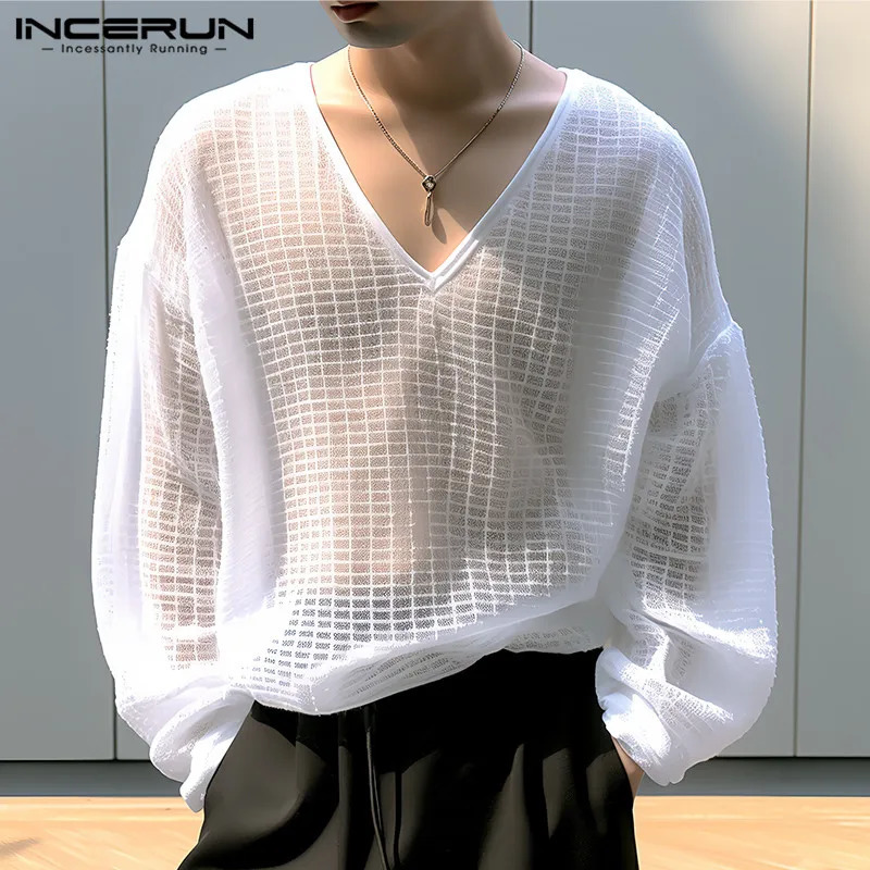 INCERUN Tops 2024 Korean Style Mens Solid Checkered Perspective T-shirts Fashionable V-neck Shoulder Long Sleeved Camiseta S-5XL 241011