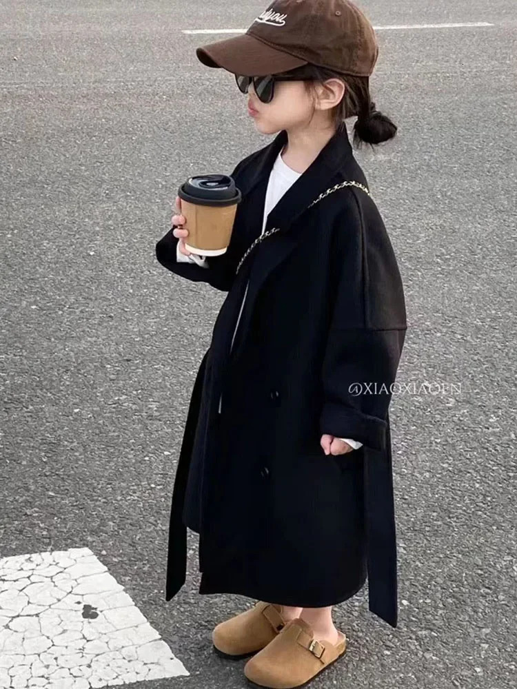 Wool Girls Korean Childrens Clothing Autumn Overcoat Versatile Spring Black Middle Length Woolen Cloth Overcoat 241014