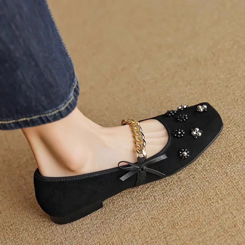 for Women Slip-on New Butterfly-knot Womens Autumn Sweet Mary Jane Flats Square Toe Chain Decoration Ladies Shoes 241014