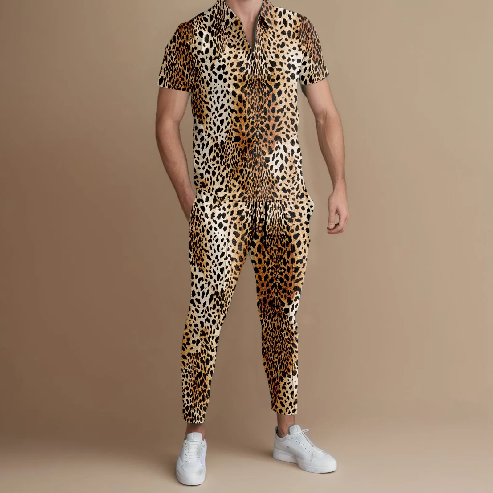 Mens T-shirt set leopard print polo shirt long sleeved two-piece lapel fashionable casual half zipper casual sportswear Chemise 240930