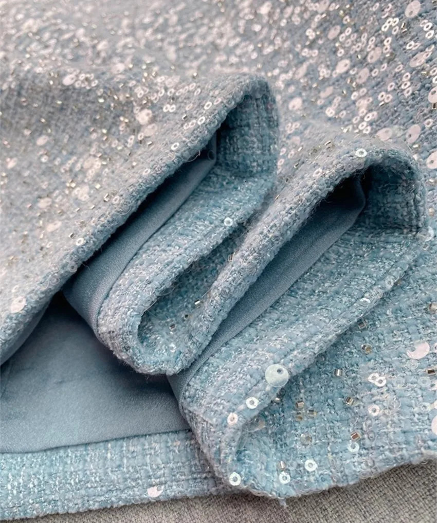 2024 Runway Sweet Spring Diamonds U Neck Blue Tweed Mini Dress Women Sleeveless Tank Bow Waist Hollow Out Sequin Dresses 241011