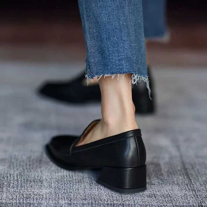Shoes for Woman Low Heel Elegant Womens Summer Footwear Black Loafers Normal Leather Casual Square Toe with Discount Chic2024LX241014