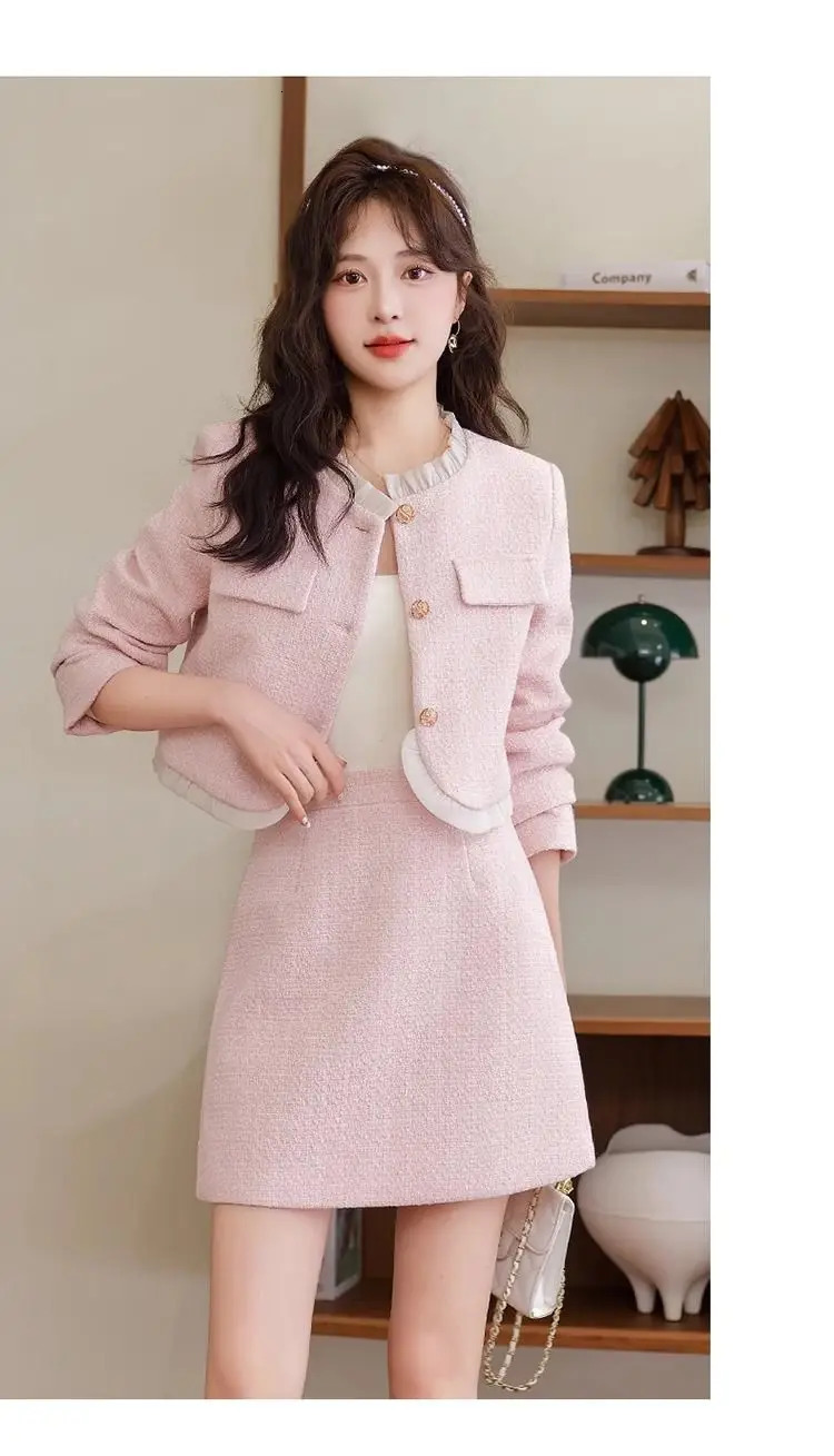 Womens perfume short thick tweed jacket skirt suit antique sweet wood ear splicing suit two-piece set 241014