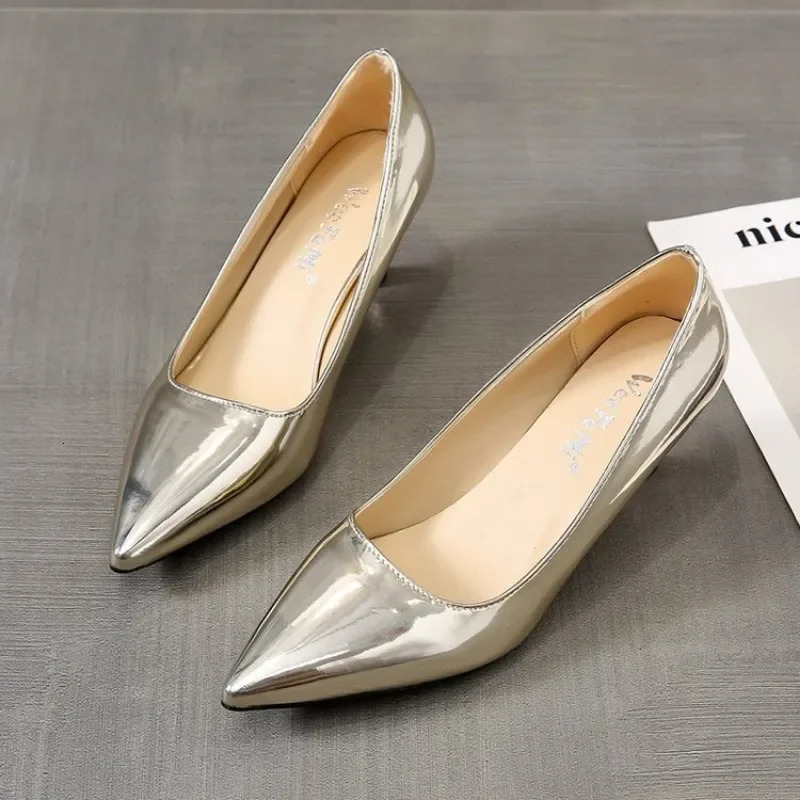 2025 new Fashion Women Patent Leather High Lady Pointe Toe Gold Sier Heels Pumps Female Wedding Bridal Shoes 241014