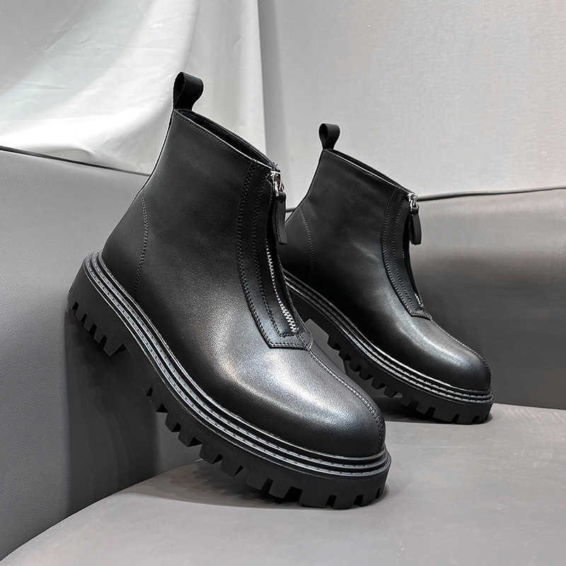 Martin Boot Straight Winter Zipper Chelsea Boots Midsole Motorcycle Ankle Boots Mens British Style High Cut Thick Soled Leather Boots Fashion Boots 24