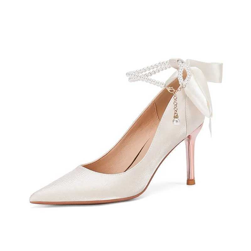 Elegant Ladies White Pearls Ankle Strap Pumps for Wedding Women Silk Back Bowtie High Stiletto Heeled Shoes Woman Spring 2023LX241014