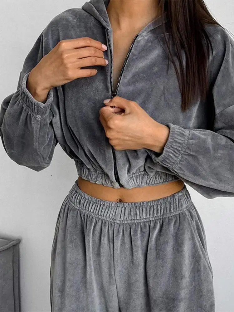 2024 Autumn Winter Fashion Hoodies Pants Suits Elegant Cotton Solid Zipper Cardigan Oversized Trousers Set Female Warm Outerwear 241010