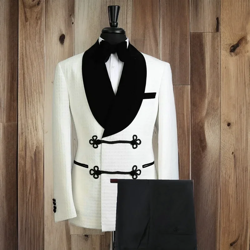 Double Breasted Men's Suits with Mandarin Buttons 2 Pcs Groom Tuxedo Terno Custom Made Velvet Suit (Jacket + Pants) 2024