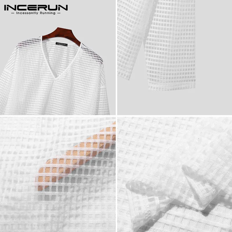 INCERUN Tops 2024 Korean Style Mens Solid Checkered Perspective T-shirts Fashionable V-neck Shoulder Long Sleeved Camiseta S-5XL 241011
