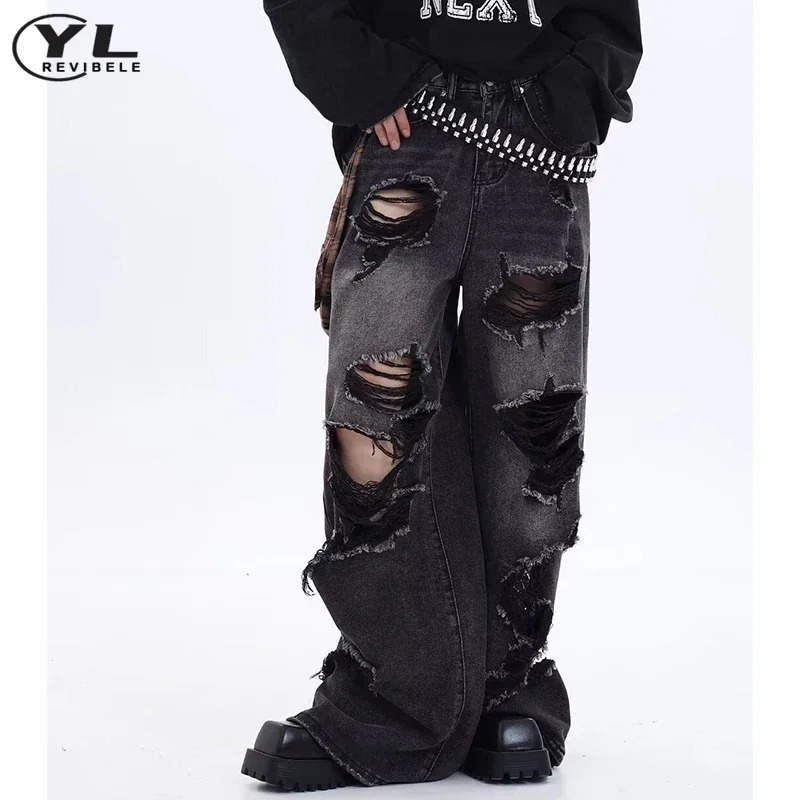 Baggy Hole Jeans Man Woman American Vintage Black High Waist Denim Pants Hip Hop Gothic Unisex Spring Autumn Wide Leg Trousers 241011