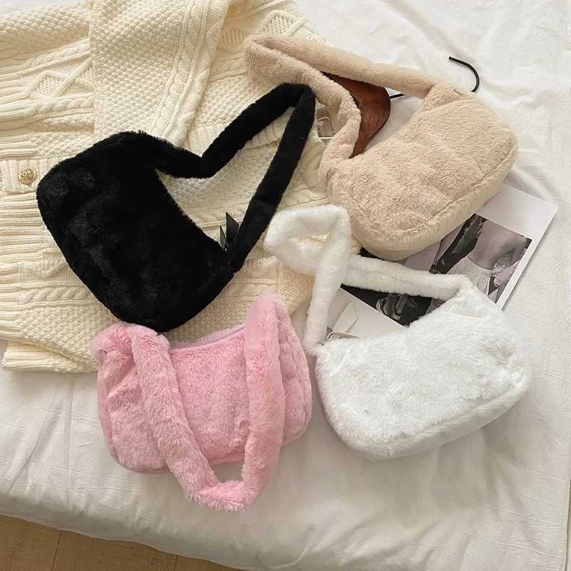 Fashionable new plush fluffy shoulder cross body handbag retro womens solid color bottom bag portable square travel street wallet M241014
