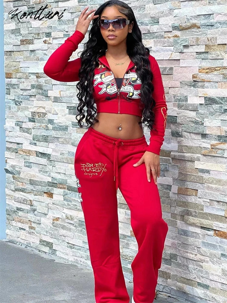 Kontturi Y2k Clothes Women 2024 Black Print Hoodie Sweatpant Fall Winter Blue Bodycon 2 Two Piece Outfits Pants Matching Sets 240929