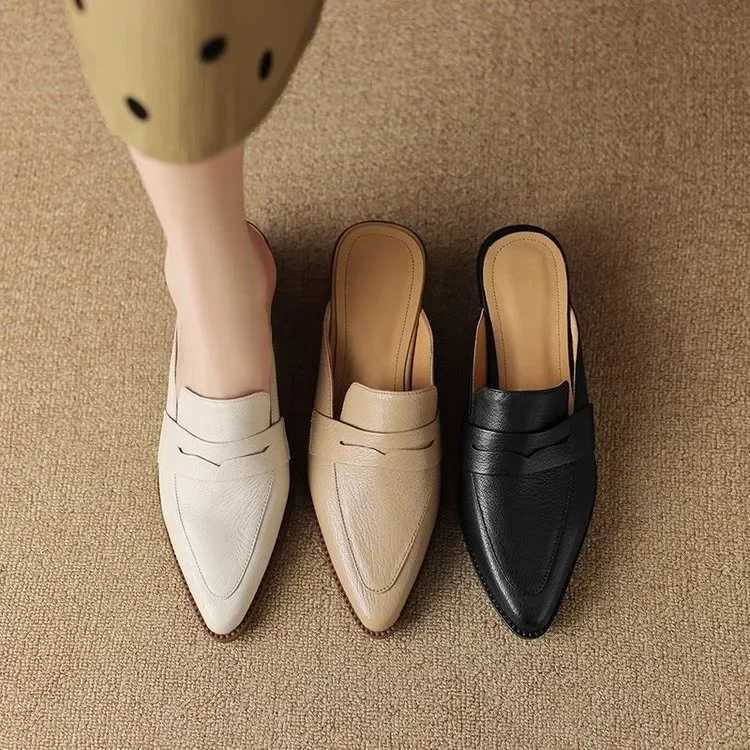 Summer Women Sandals Genuine Leather Shoes for Women Pointed Toe Concise Modern Sandals Chunky Heel Women Mules Solid SlippersLX241014