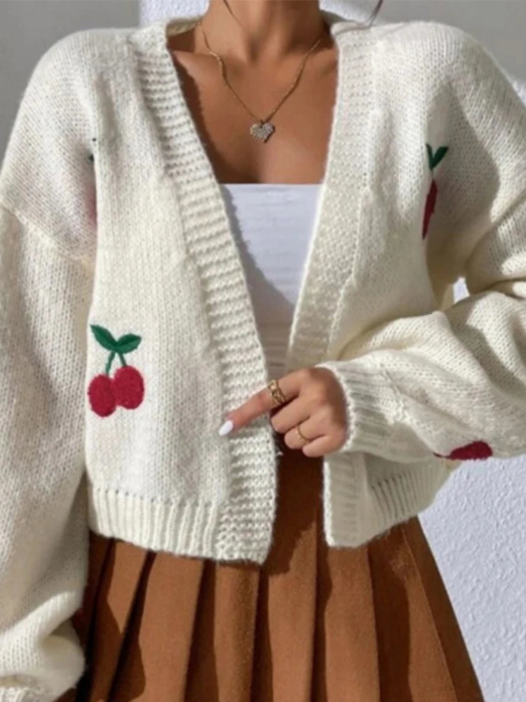 Knitted Short Womens Sweater Cardigan Cute Embroidered Cherry Sweaters Long Sleeve Vneck Women Cardigans Soft Casual Tops 241009