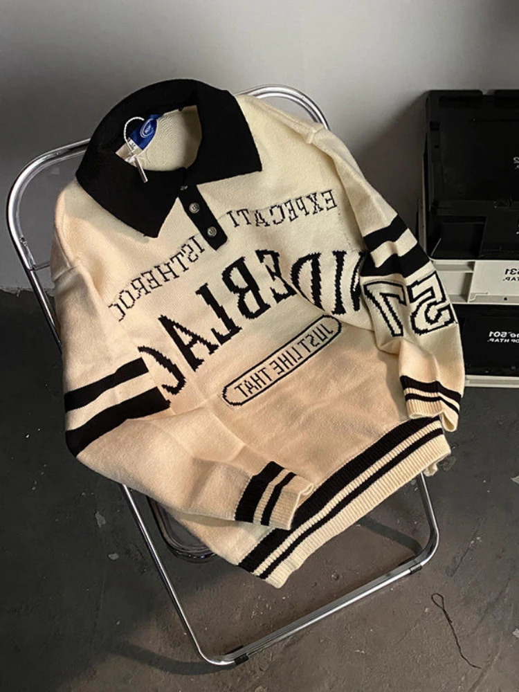 Gmiixder American Retro Collar Sweater Mens Hip Hop Retro Street Letter Pullover Neutral Grunge Punk Preparatory Stripe Racing Top 241007