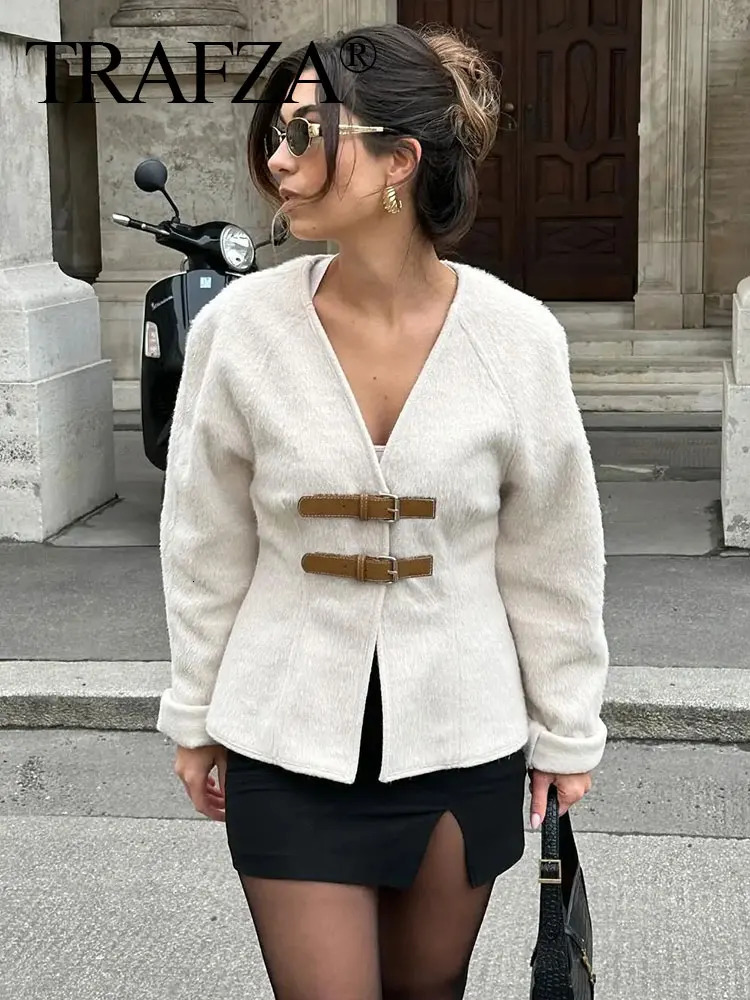 TRAFZA Retro Leather Buckle Woolen Coat Women Fashion Solid V Neck Long Sleeve Beige Jacket Autumn Spring Chic Female Streetwear 241009